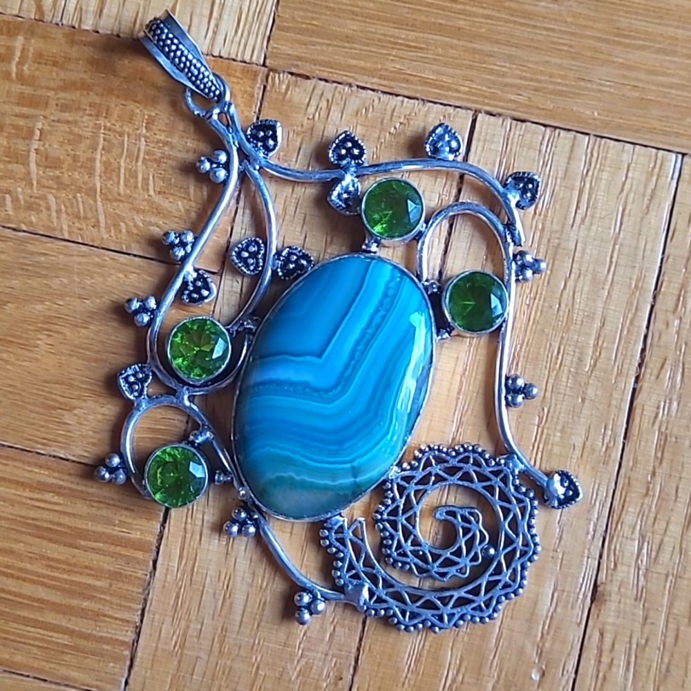 925 Silver Green Agate & Peridot Pendant